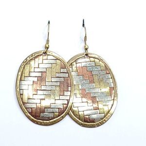 Boho Earrings Copper Brass Silver Geometric Herringbone Dangle Drop Oval